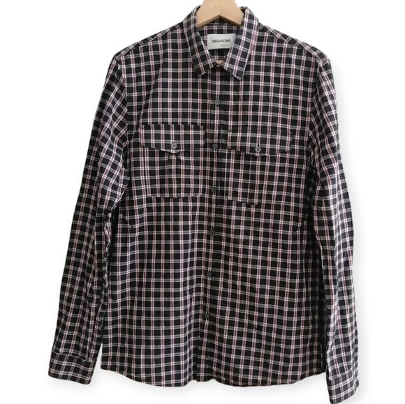 Zadig & Voltaire Men's Thibaut Button Up Red Black Plaid Chest Pockets Large - Picture 15 of 16